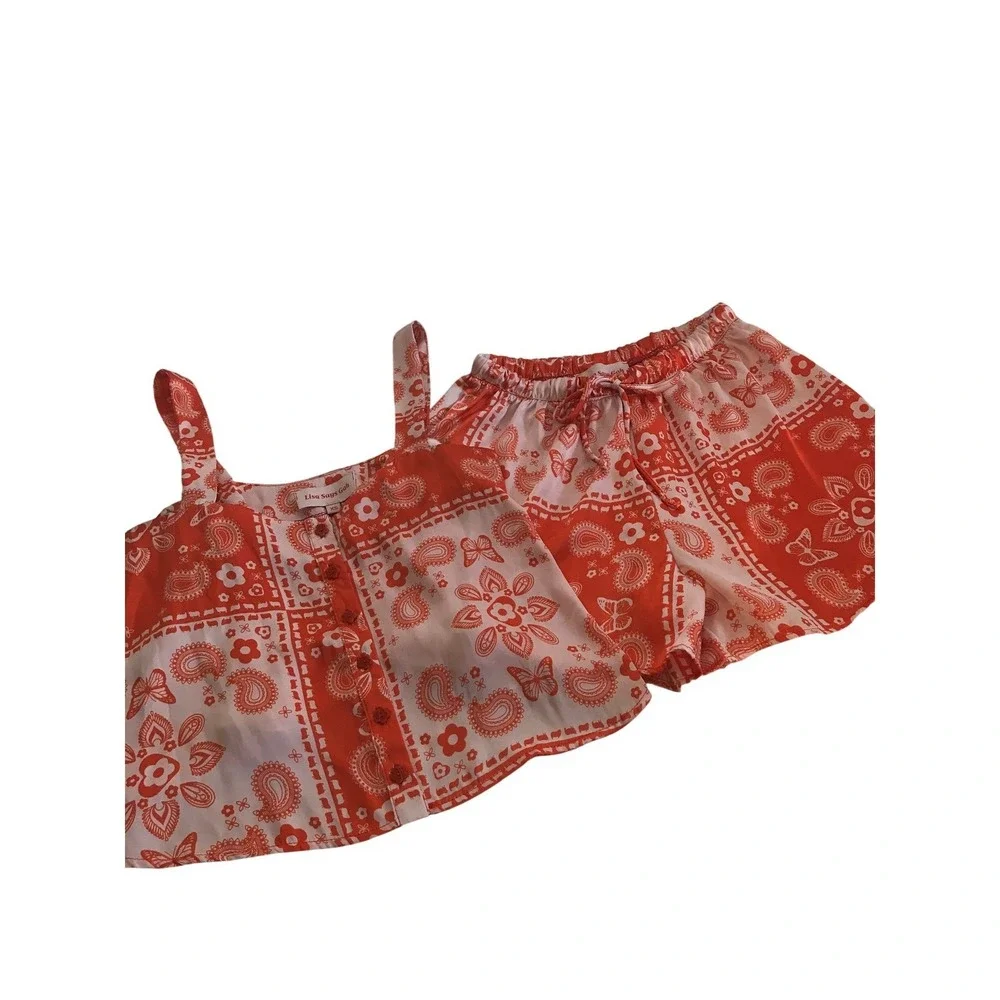 Lisa Says‎ Gah Bandana Print Two Piece Set Orange White Crop Top Shorts XS